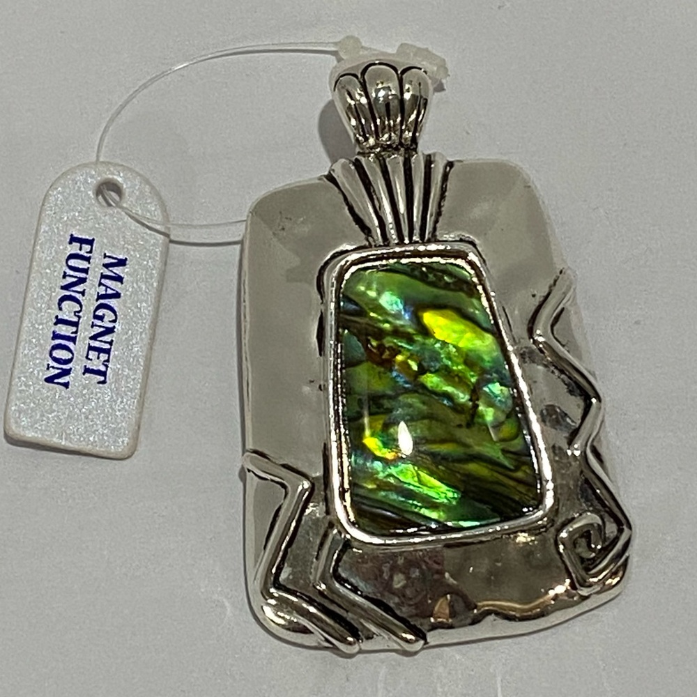 Vintage Abalone Paua Shell Pendant Silver Tone Southwestern Style Magnetic Bail
